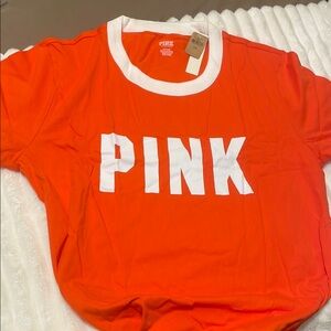 Victoria's Secret Vibrant Tomato Red/ Orange Tee with White Accents